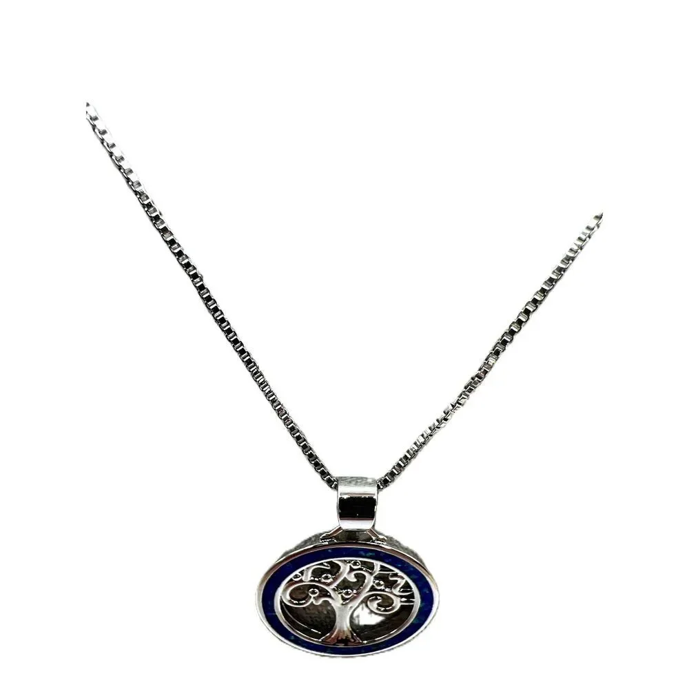 NEW Blue Opal Tree Of Life Round Pendant Silver Chain Necklace - Picture 4 of 8